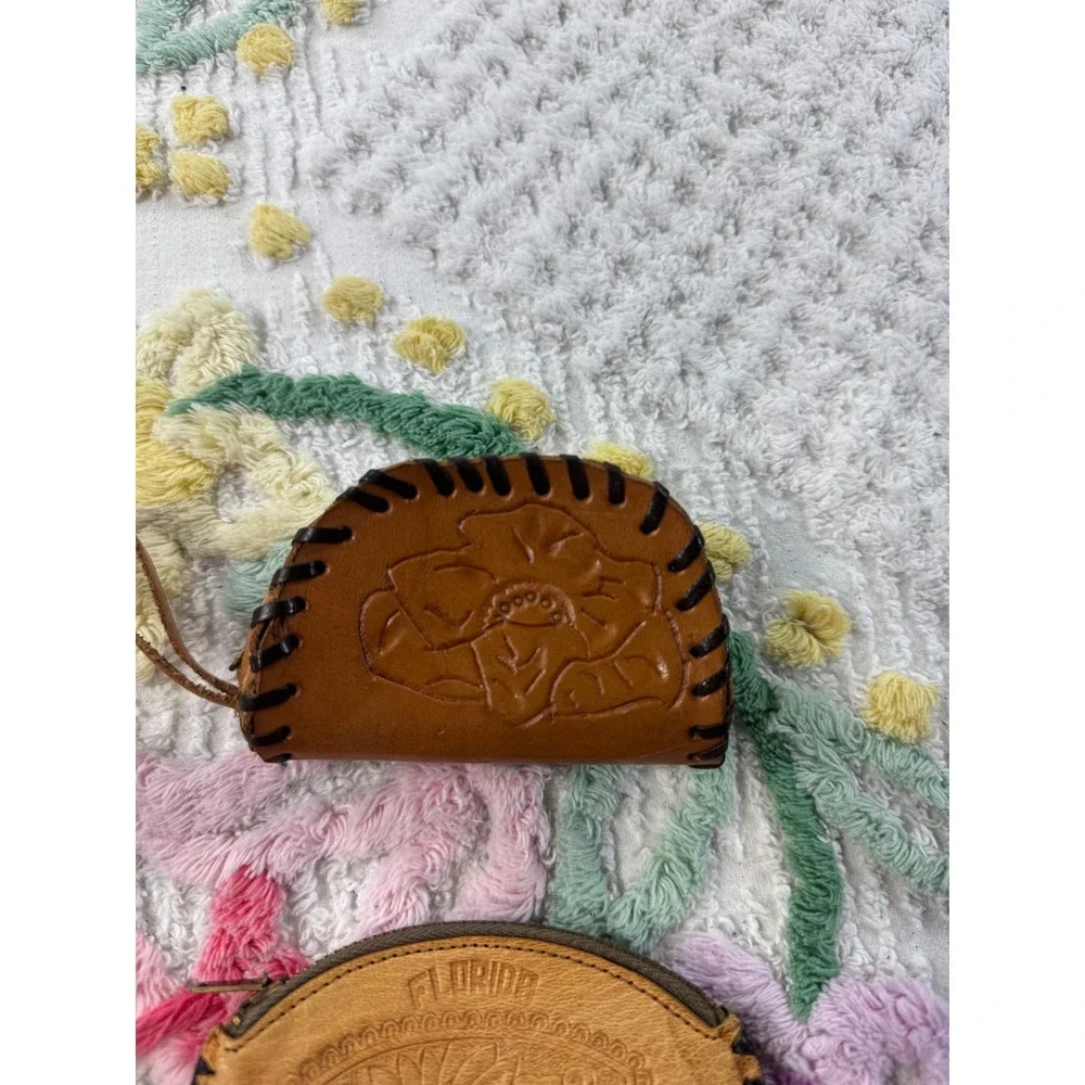 Vintage‎ Tooled Leather Coin Purse Pouch Florida Mexico Floral Design